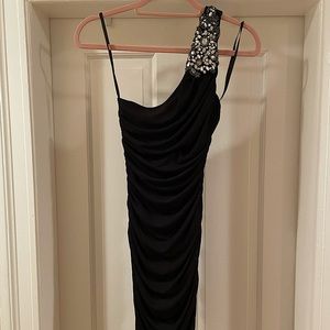 Bedazzled One Shoulder Draped Black Dress